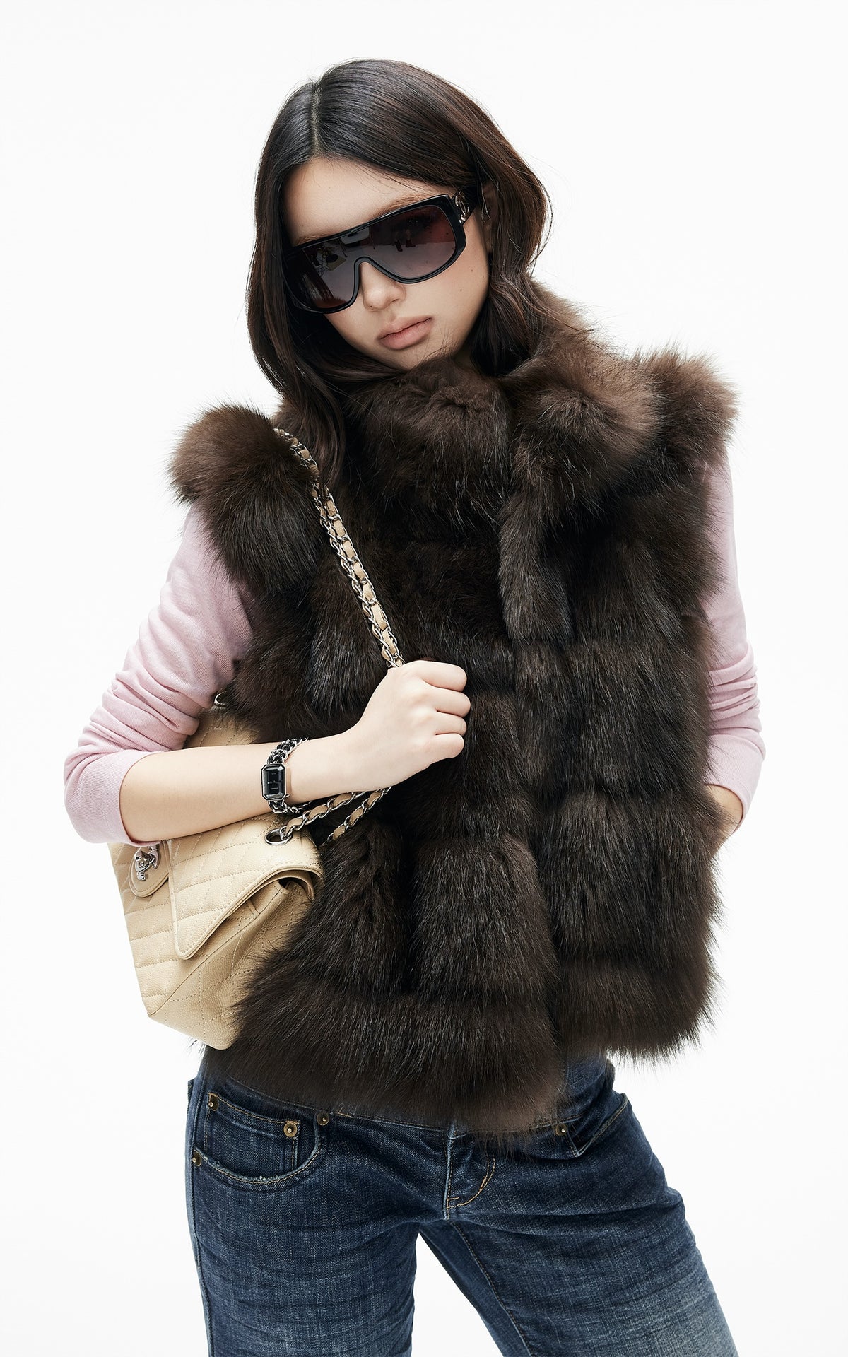IAMXIAA Chocolate Brown Oversized Collar Fox Fur Sleeveless Vest