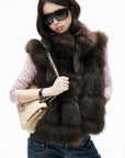 IAMXIAA Chocolate Brown Oversized Collar Fox Fur Sleeveless Vest