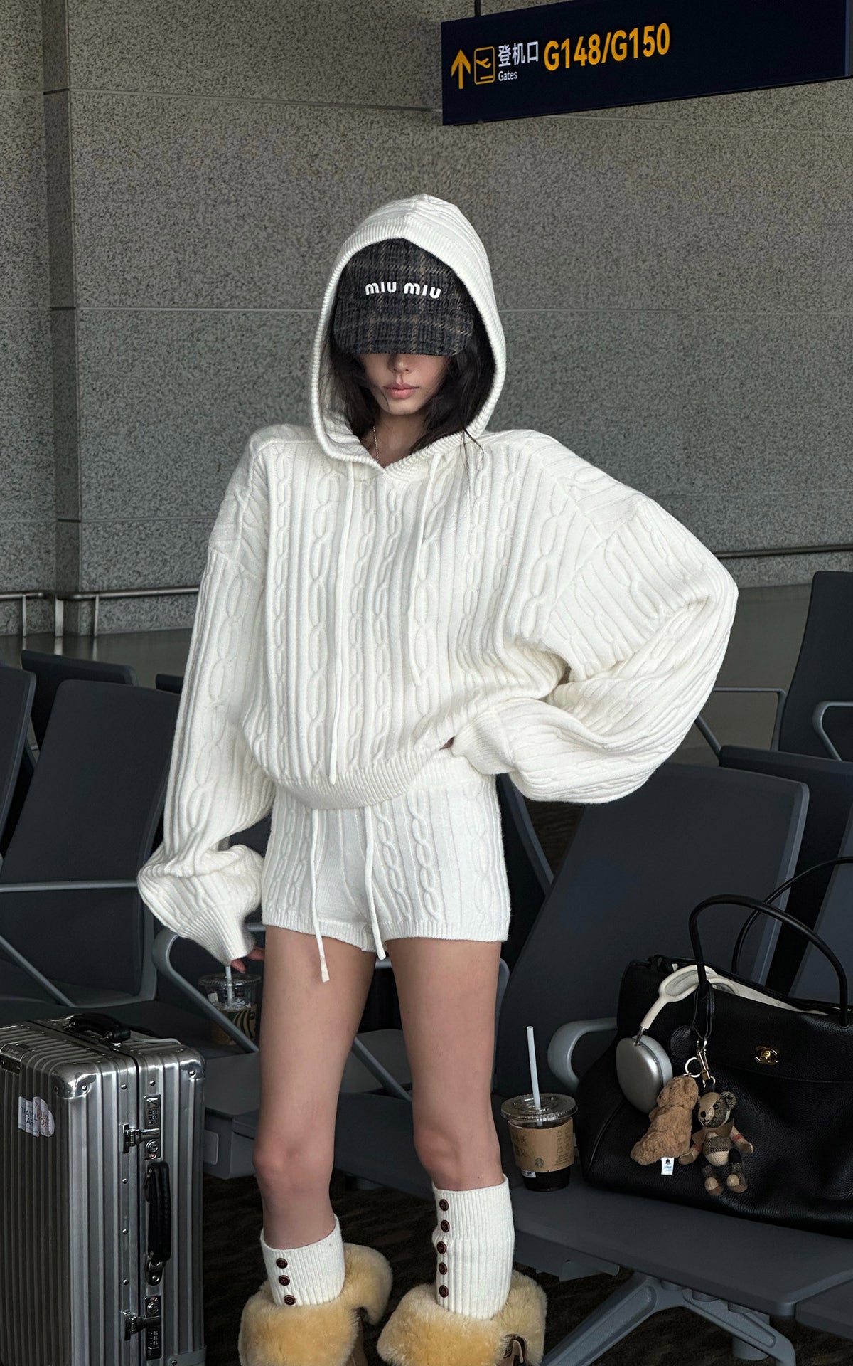 WARDEN EDGE Cable Knit Hooded Sweater and Shorts Set