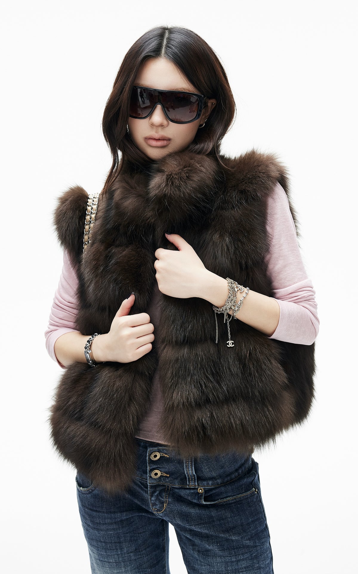 IAMXIAA Chocolate Brown Oversized Collar Fox Fur Sleeveless Vest