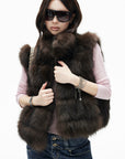 IAMXIAA Chocolate Brown Oversized Collar Fox Fur Sleeveless Vest