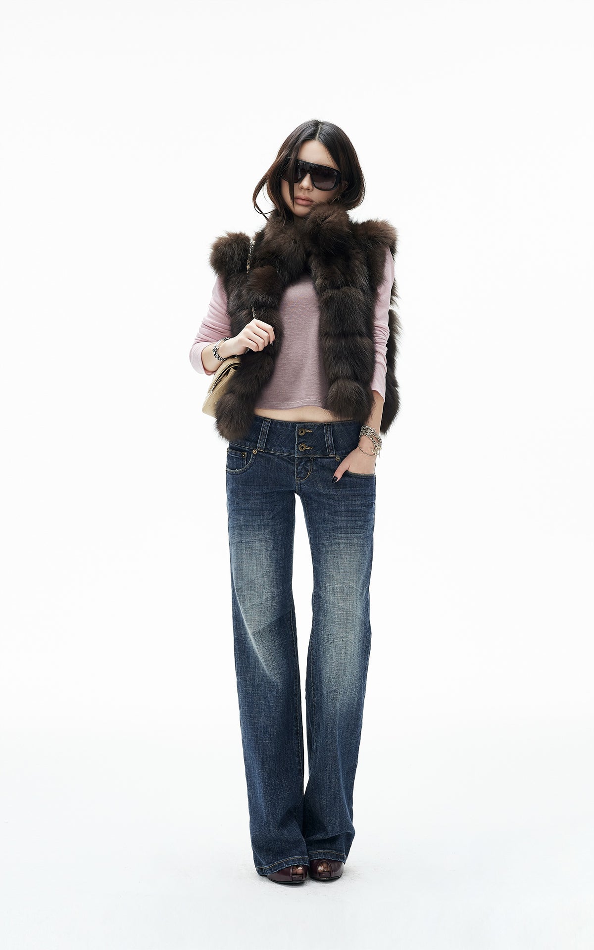IAMXIAA Chocolate Brown Oversized Collar Fox Fur Sleeveless Vest