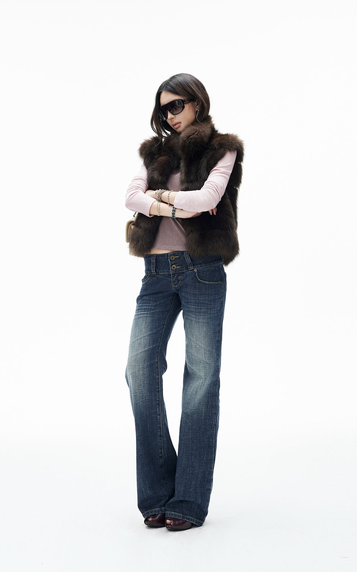 IAMXIAA Chocolate Brown Oversized Collar Fox Fur Sleeveless Vest