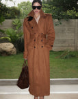 ROVENTE Suede-Look Double-Breasted Belted Longline Trench Coat