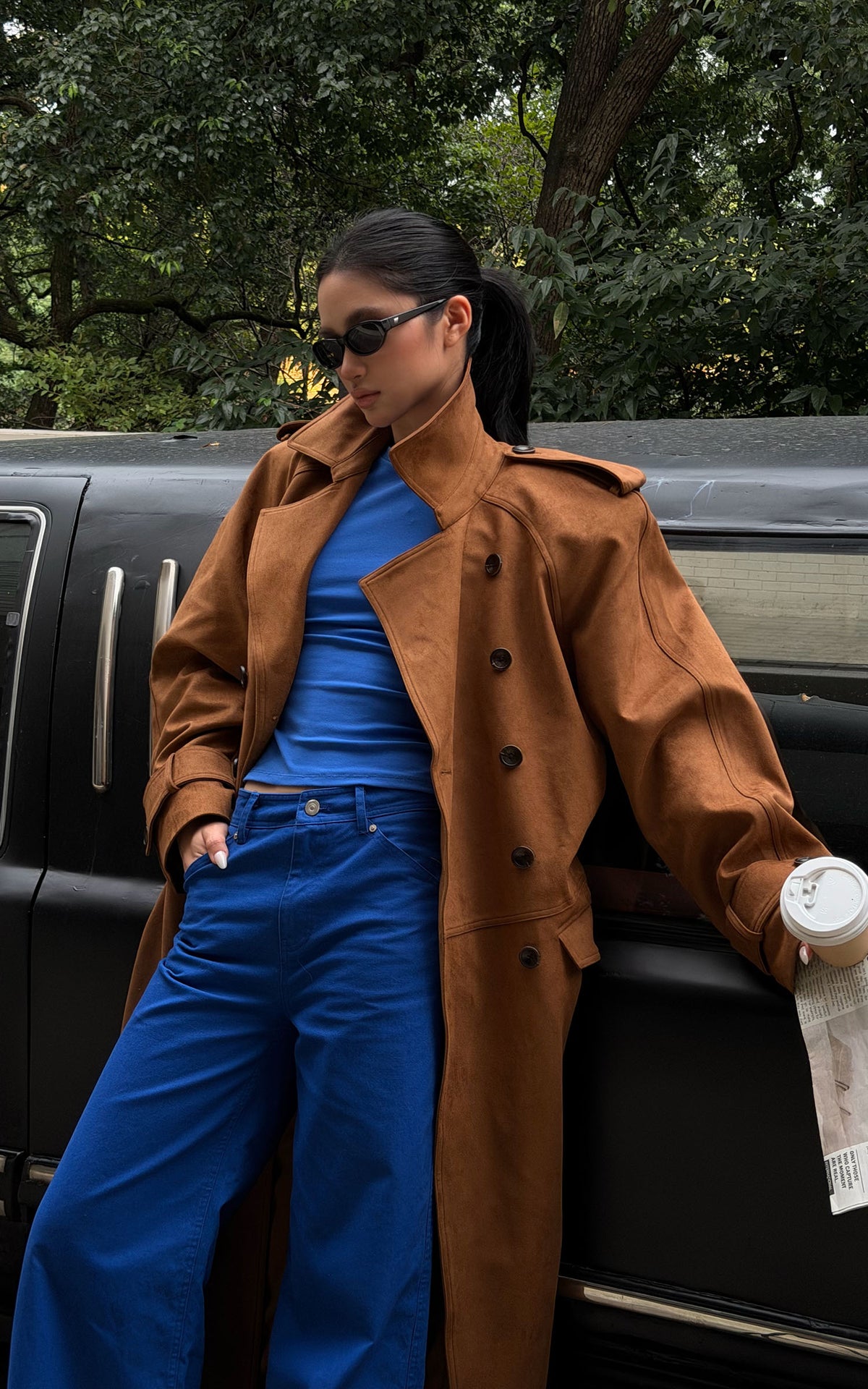 ROVENTE Suede-Look Double-Breasted Belted Longline Trench Coat