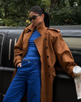 ROVENTE Suede-Look Double-Breasted Belted Longline Trench Coat