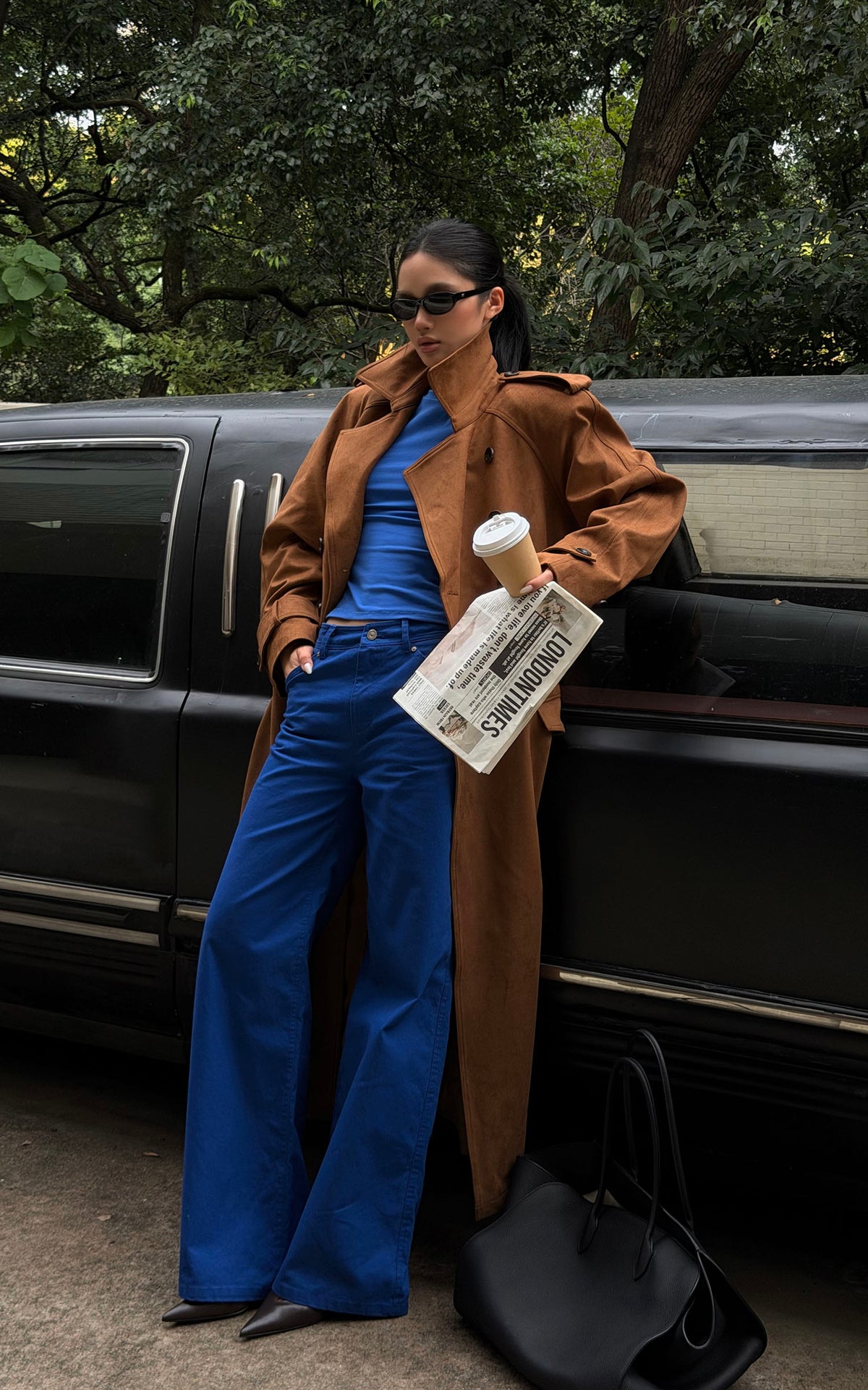 ROVENTE Suede-Look Double-Breasted Belted Longline Trench Coat