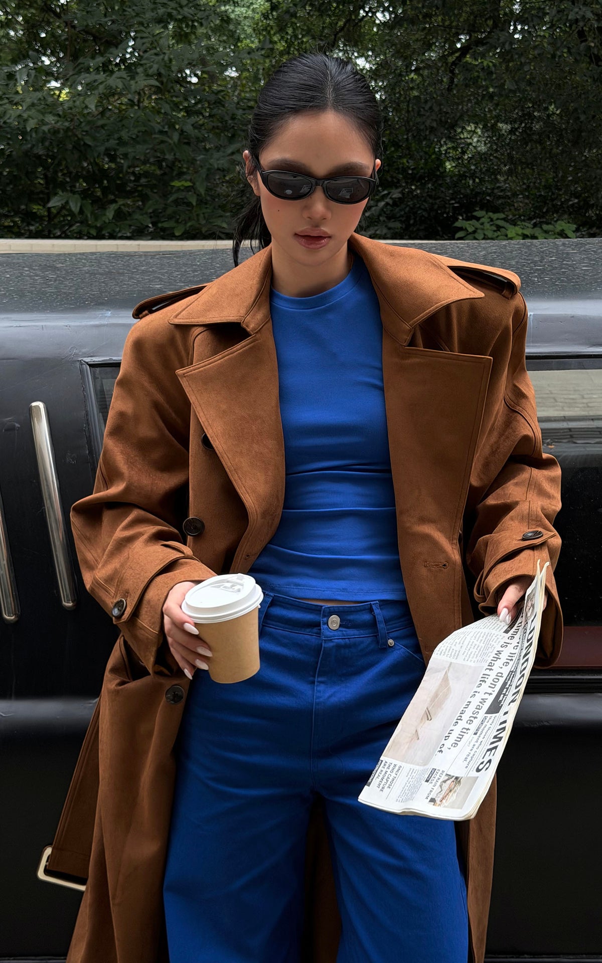 ROVENTE Suede-Look Double-Breasted Belted Longline Trench Coat