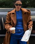 ROVENTE Suede-Look Double-Breasted Belted Longline Trench Coat