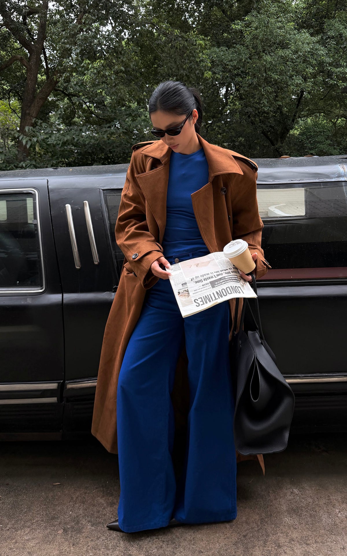 ROVENTE Suede-Look Double-Breasted Belted Longline Trench Coat