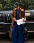 ROVENTE Suede-Look Double-Breasted Belted Longline Trench Coat