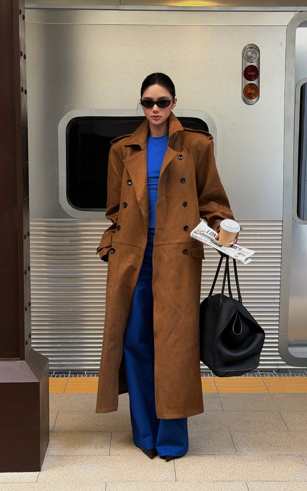 ROVENTE Suede-Look Double-Breasted Belted Longline Trench Coat