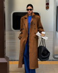 ROVENTE Suede-Look Double-Breasted Belted Longline Trench Coat