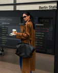 ROVENTE Suede-Look Double-Breasted Belted Longline Trench Coat