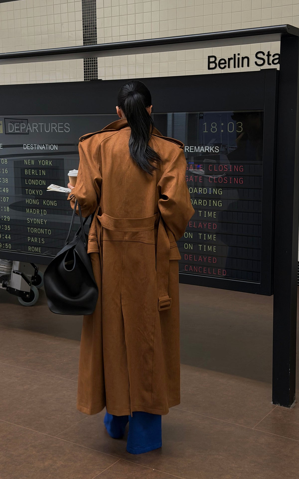 ROVENTE Suede-Look Double-Breasted Belted Longline Trench Coat