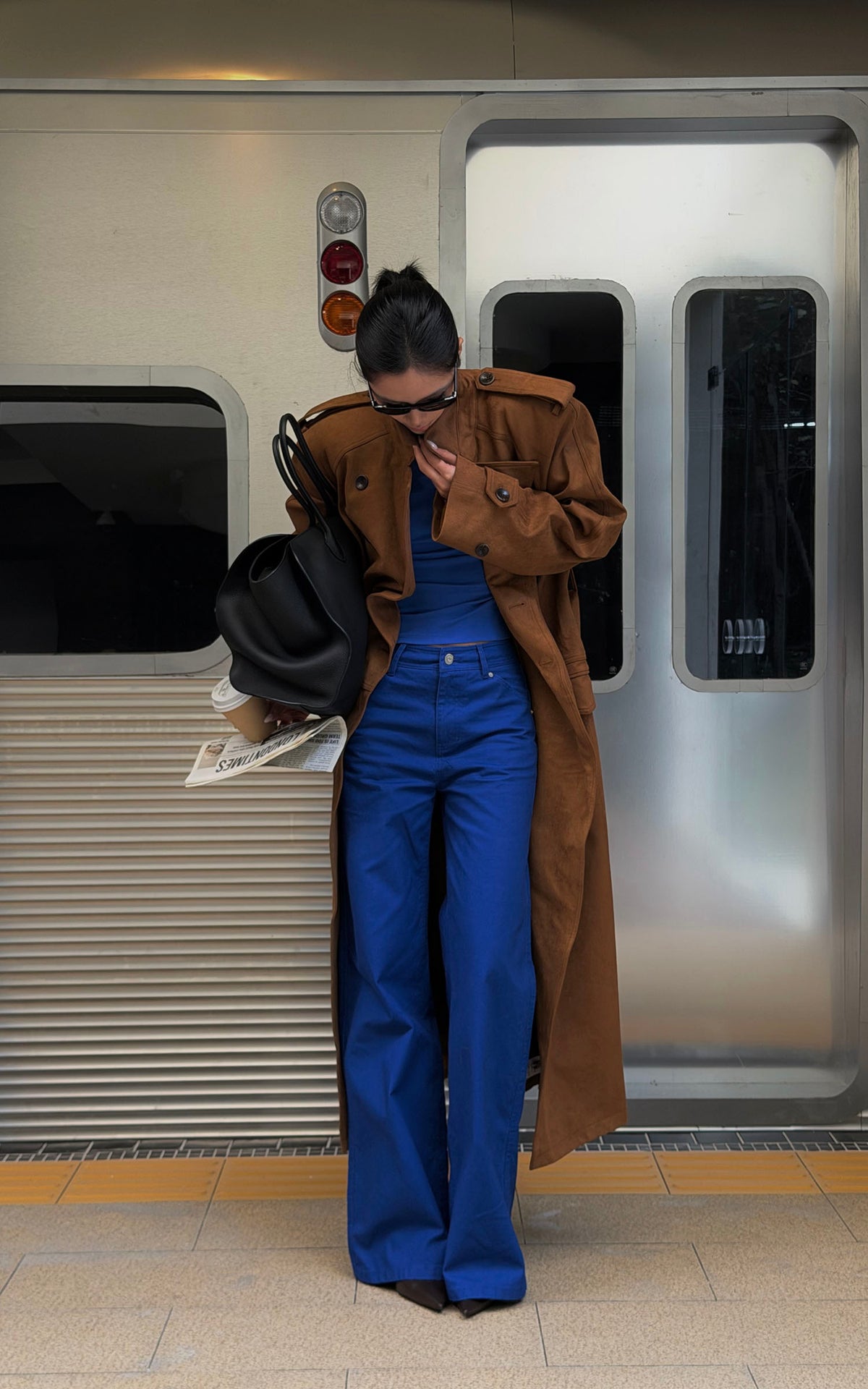 ROVENTE Suede-Look Double-Breasted Belted Longline Trench Coat