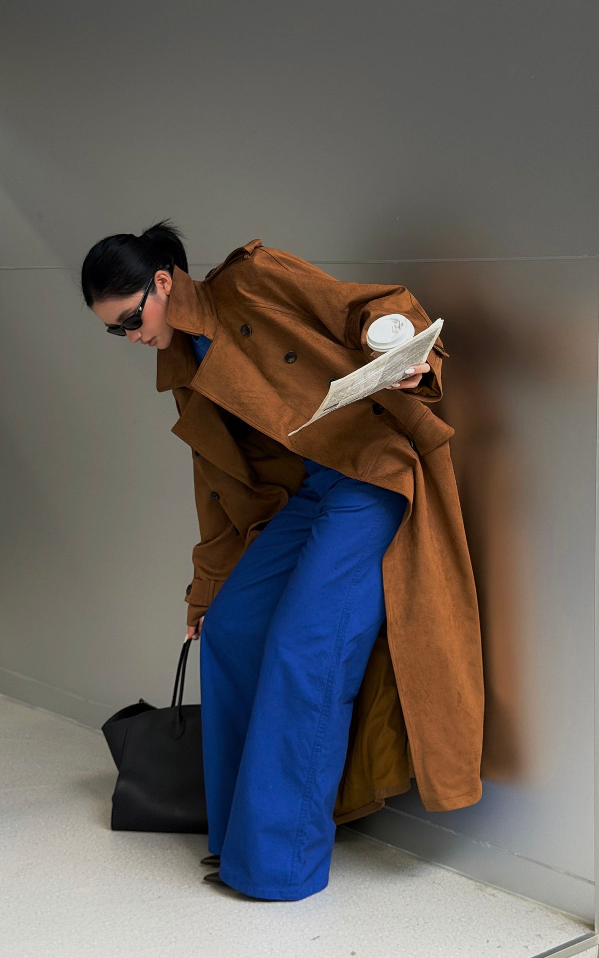 ROVENTE Suede-Look Double-Breasted Belted Longline Trench Coat