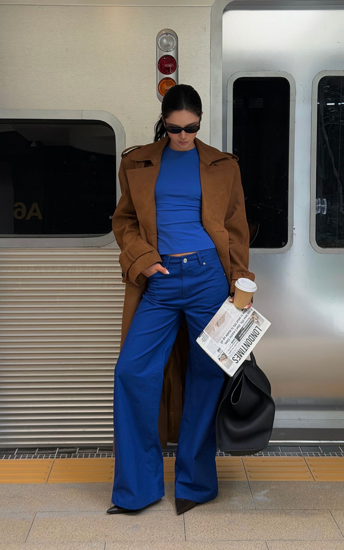 ROVENTE Suede-Look Double-Breasted Belted Longline Trench Coat