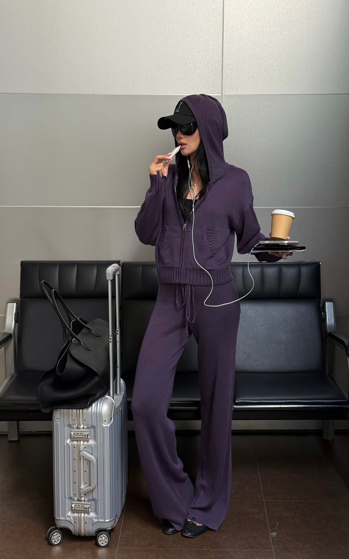 ROVENTE Knit Zip-Up Hoodie &amp; Drawstring Wide-Leg Pants Set