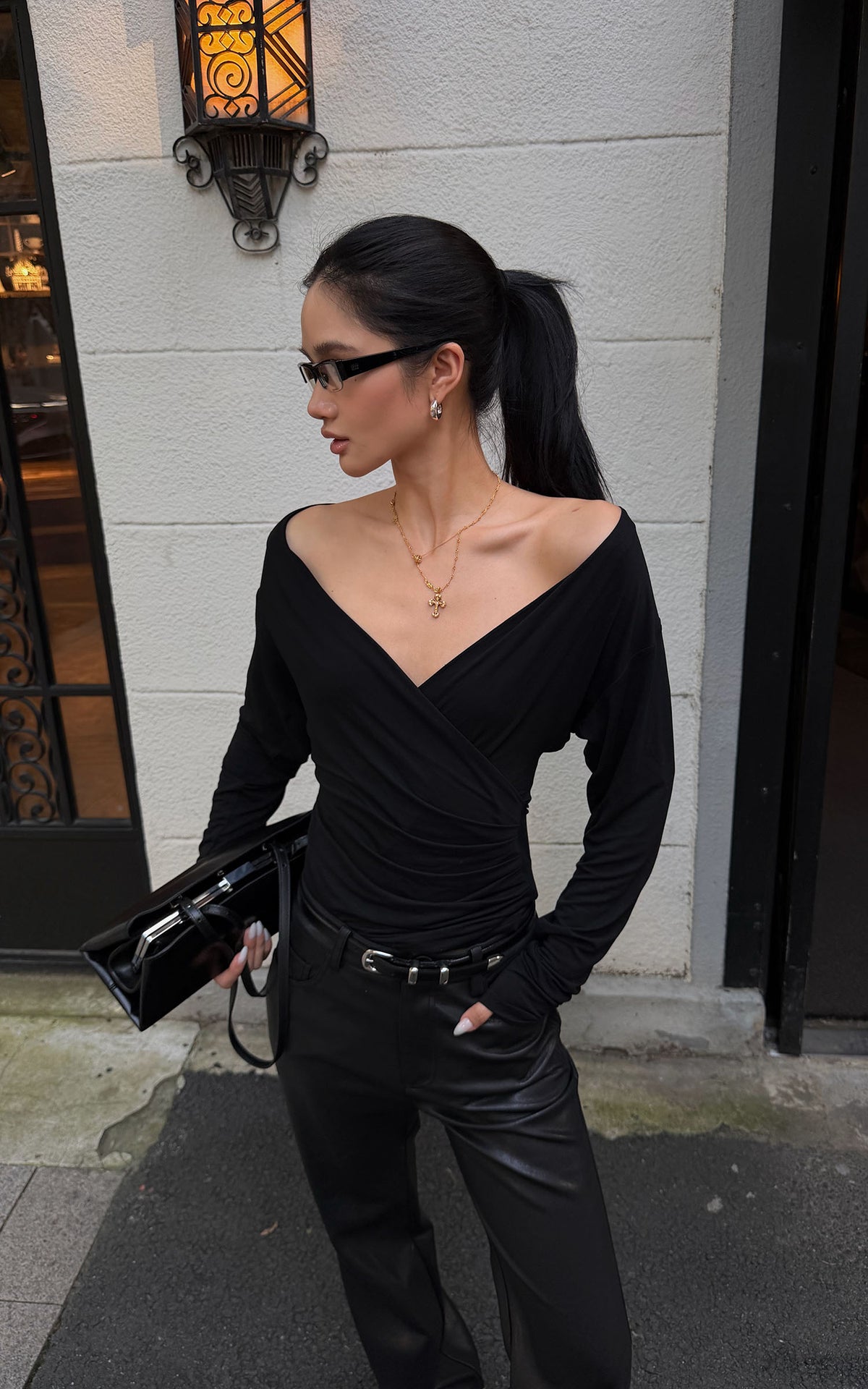ROVENTE Plunging V-Neck Wrap-Effect Top with Ruched Waist &amp; Long Sleeves