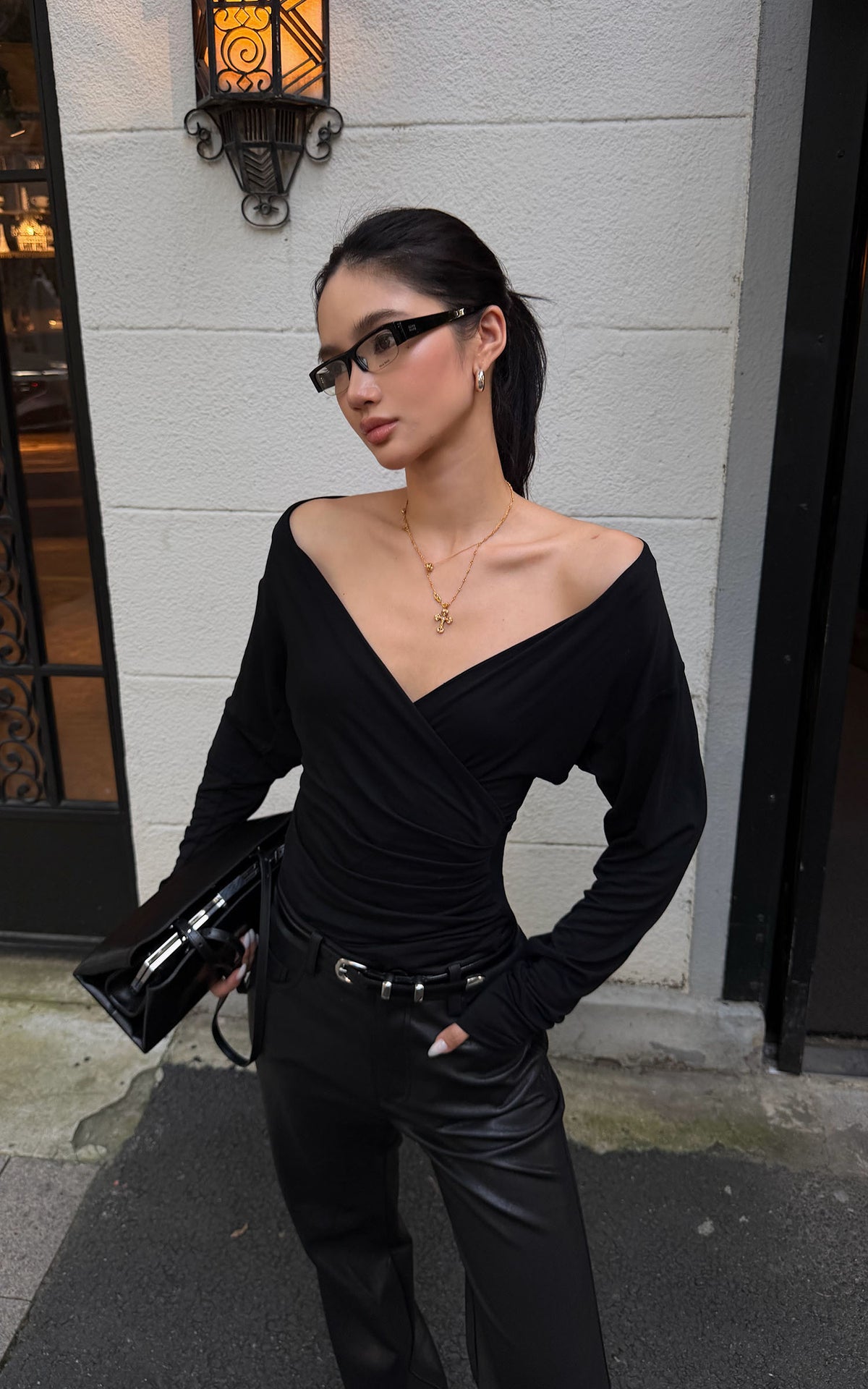 ROVENTE Plunging V-Neck Wrap-Effect Top with Ruched Waist &amp; Long Sleeves