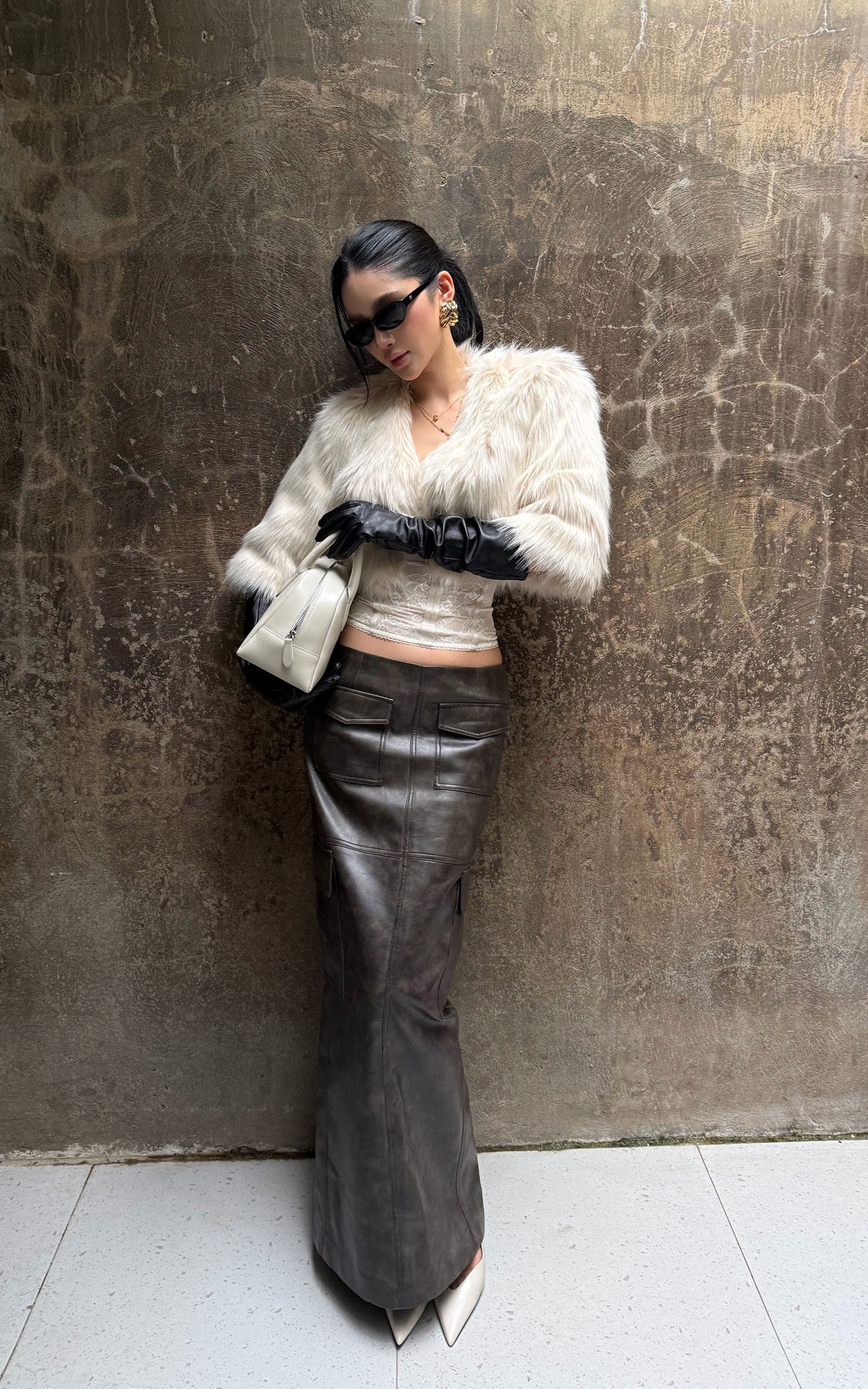 ROVENTE Leather-Look Cargo Maxi Skirt with Oversized Flap Pockets &amp; Back Slit
