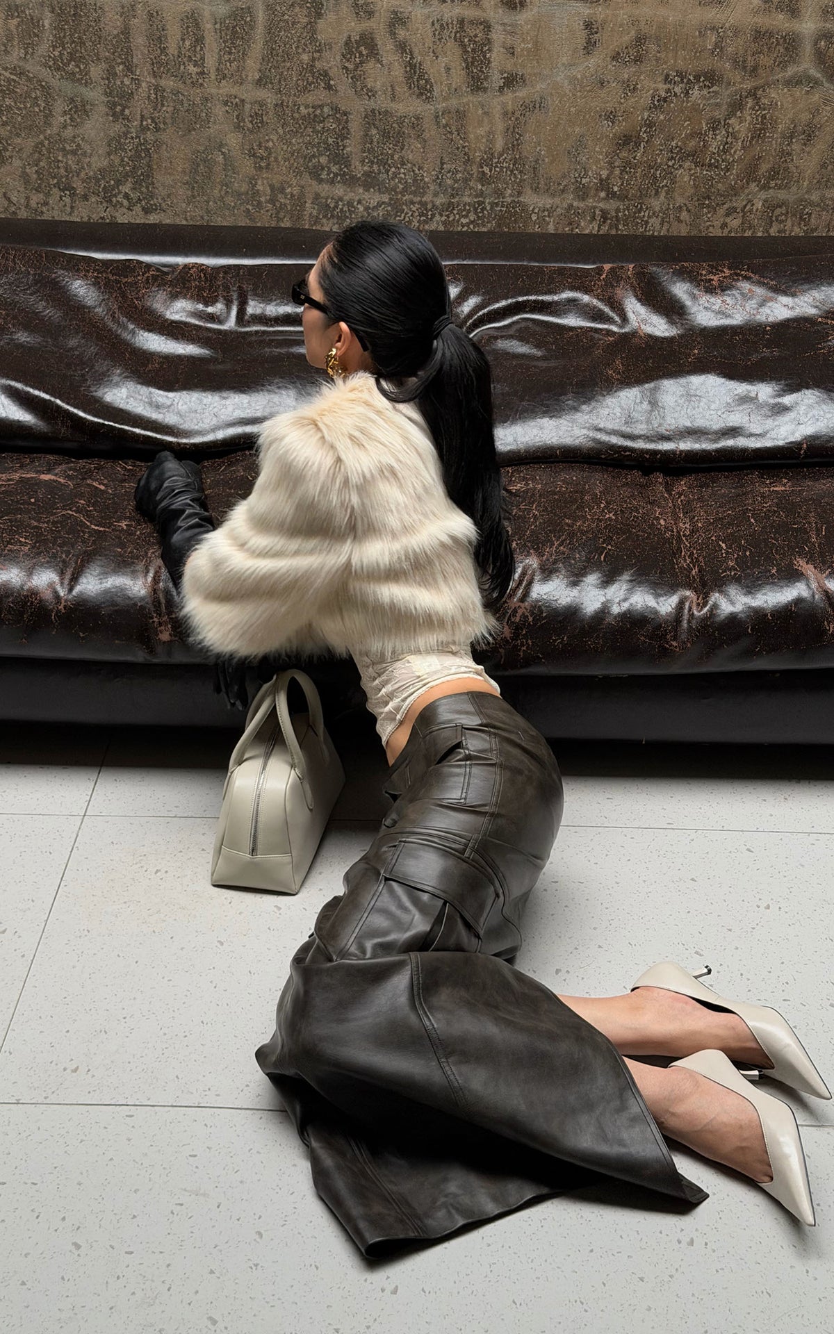 ROVENTE Leather-Look Cargo Maxi Skirt with Oversized Flap Pockets &amp; Back Slit