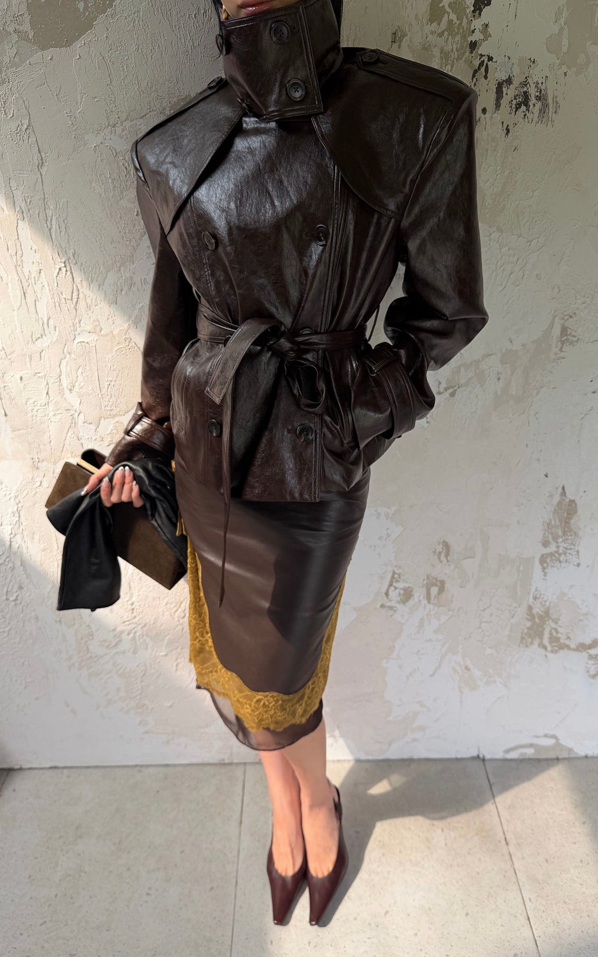ROVENTE Belted Leather-Look Trench Jacket with Wide Lapels &amp; Double-Breasted Front