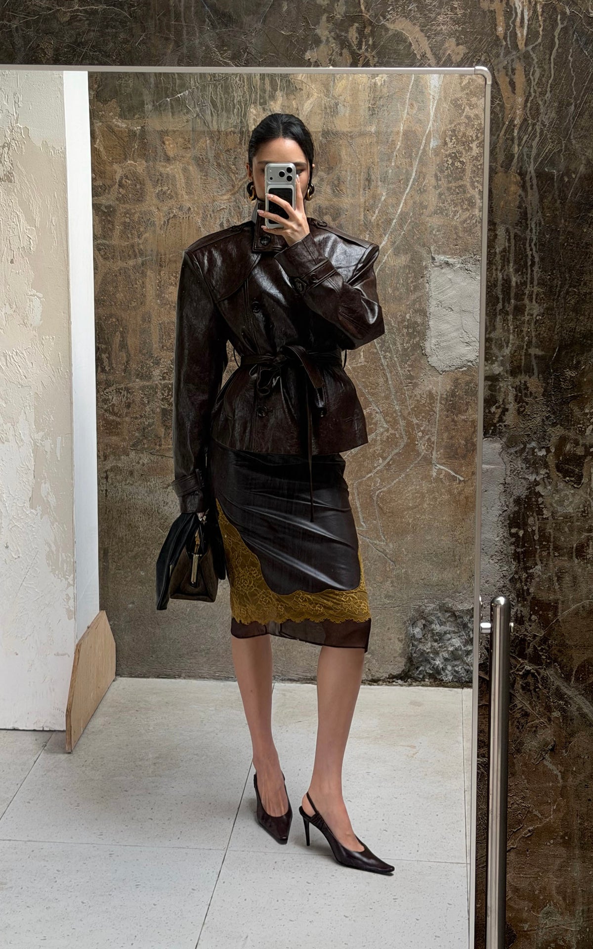 ROVENTE Belted Leather-Look Trench Jacket with Wide Lapels &amp; Double-Breasted Front
