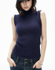 IAMXIAA Retro Slim-Fit Turtleneck Sleeveless Wool Knit Top with Ribbed Hem