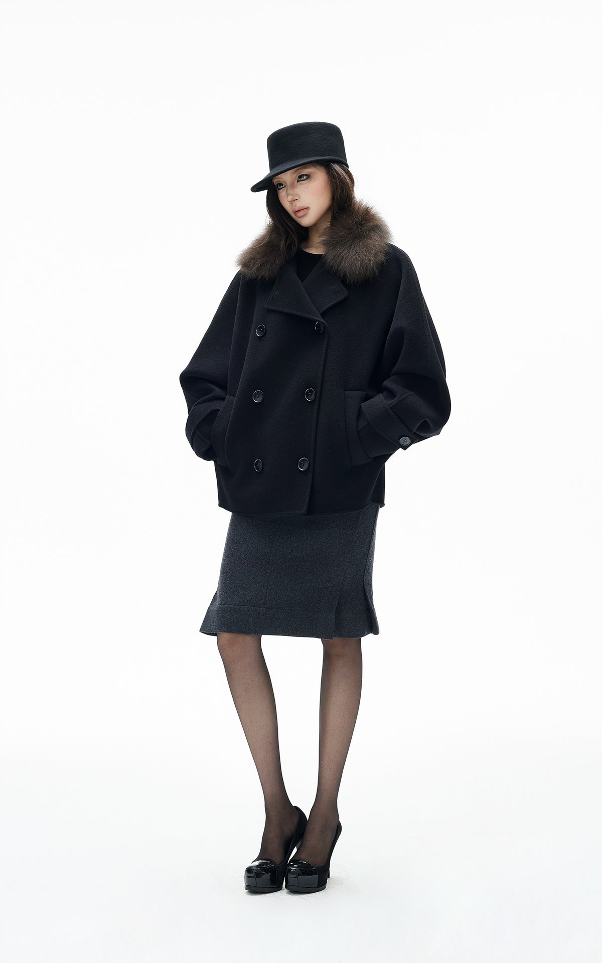 IAMXIAA Fur Collar Oversized Double-Breasted Short Coat