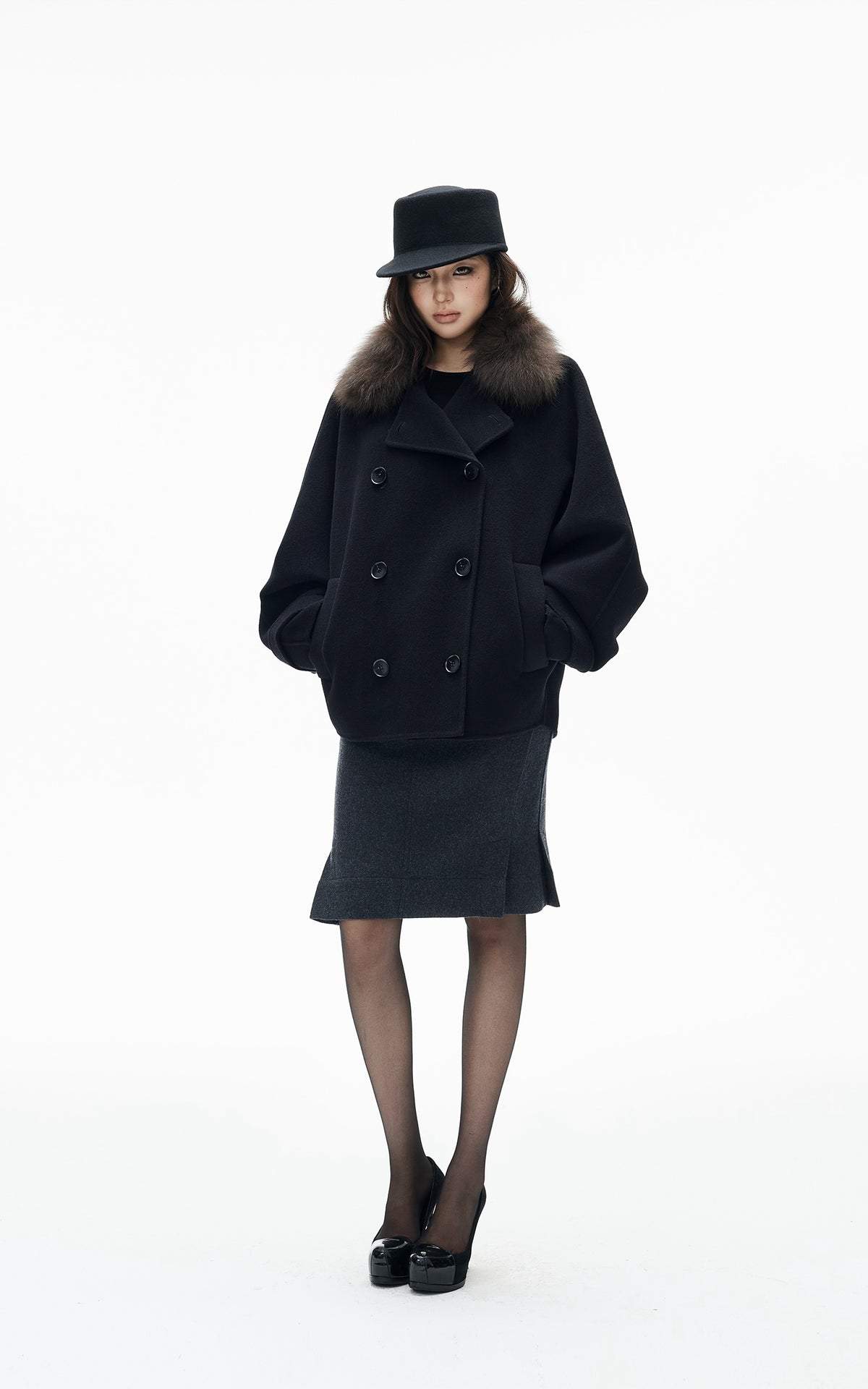 IAMXIAA Fur Collar Oversized Double-Breasted Short Coat