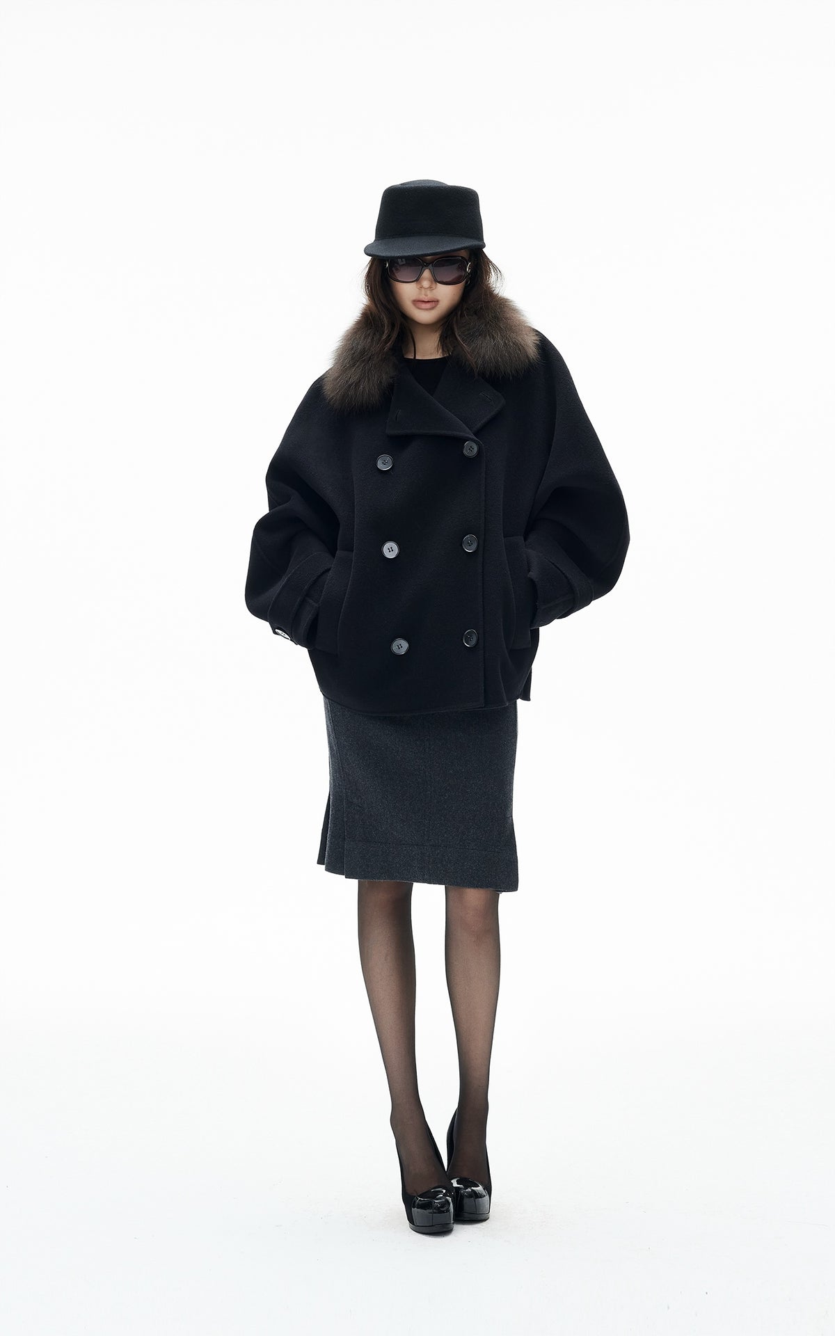 IAMXIAA Fur Collar Oversized Double-Breasted Short Coat