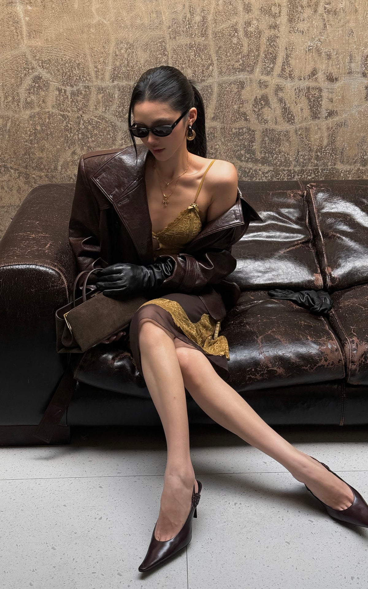 ROVENTE Contrast Floral Lace Leather-Look Skirt with Sheer Layered Hem