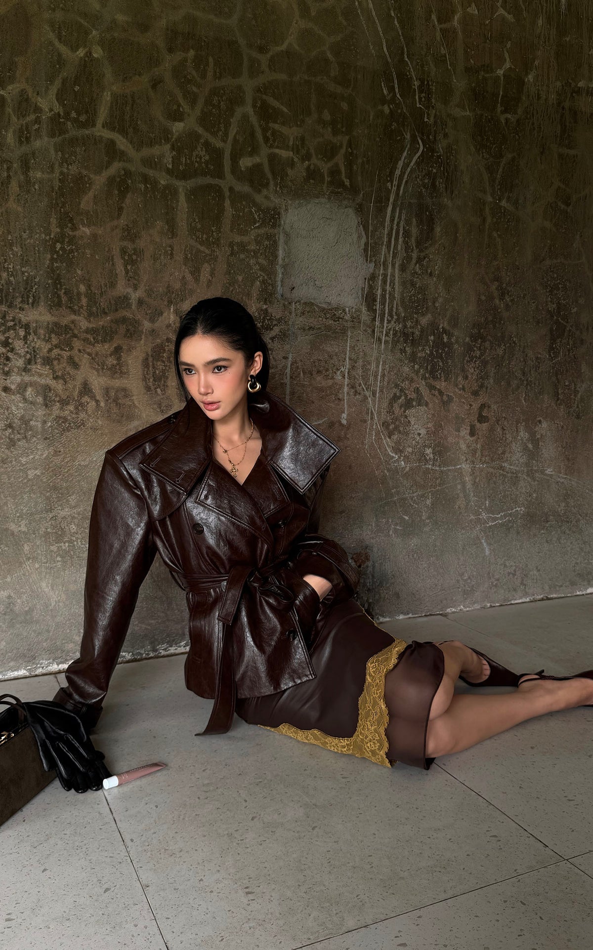ROVENTE Belted Leather-Look Trench Jacket with Wide Lapels &amp; Double-Breasted Front