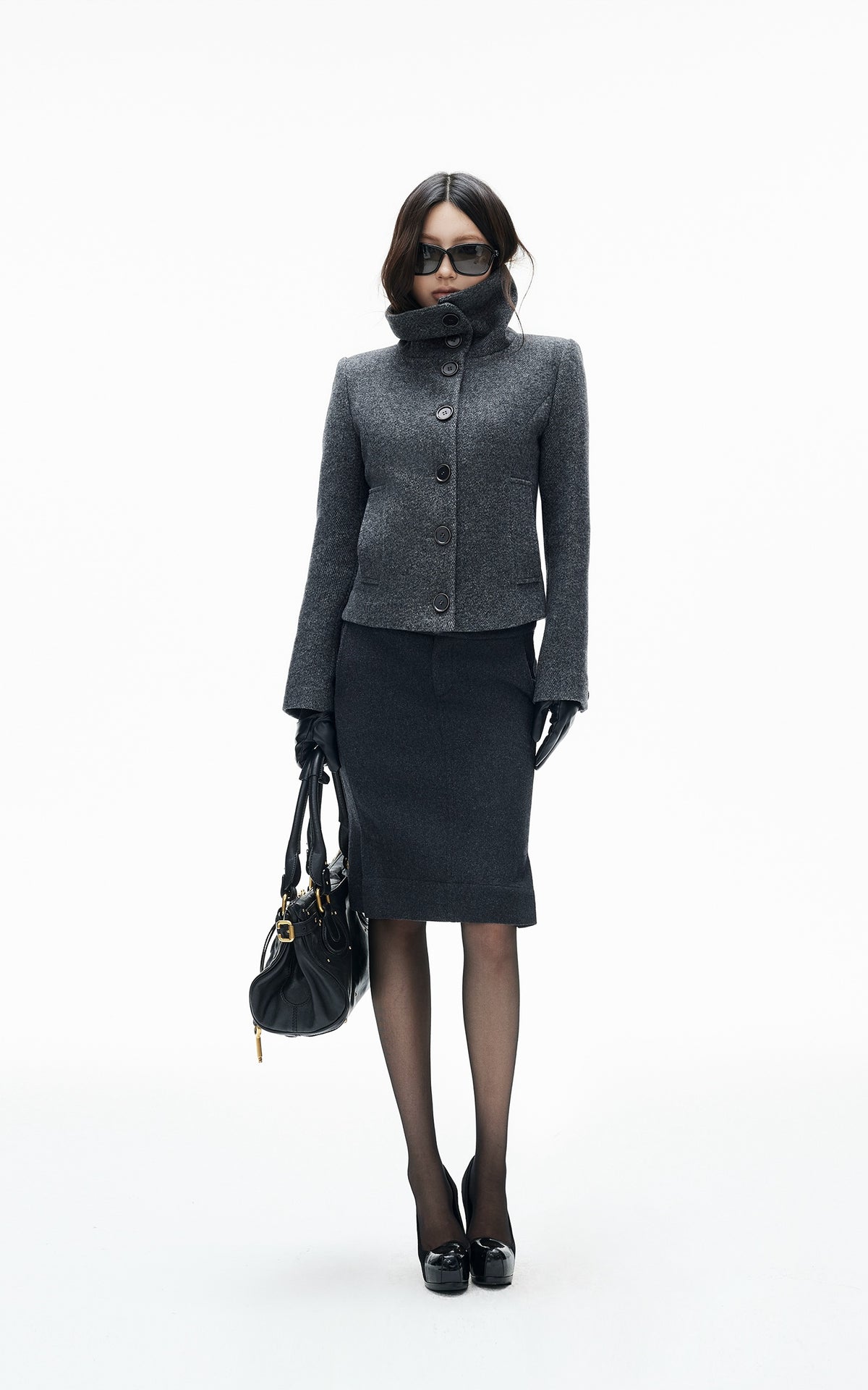 IAMXIAA Vintage-Inspired Charcoal Grey Tailored Knee-Length Pencil Skirt with Side Slit
