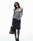 IAMXIAA Vintage-Inspired Charcoal Grey Tailored Knee-Length Pencil Skirt with Side Slit