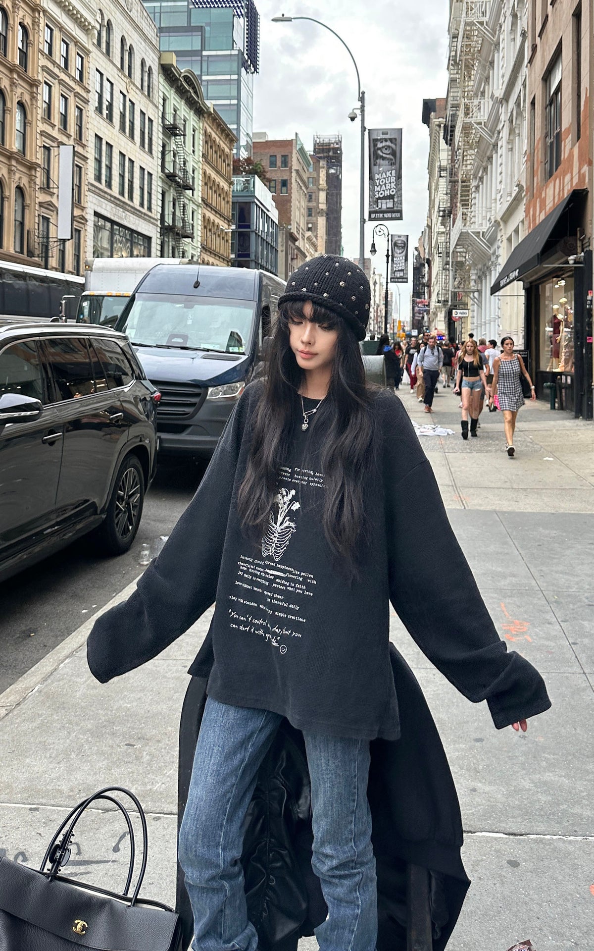 WARDEN EDGE Floral Ribcage Graphic Waffle Knit Long Sleeve Tee