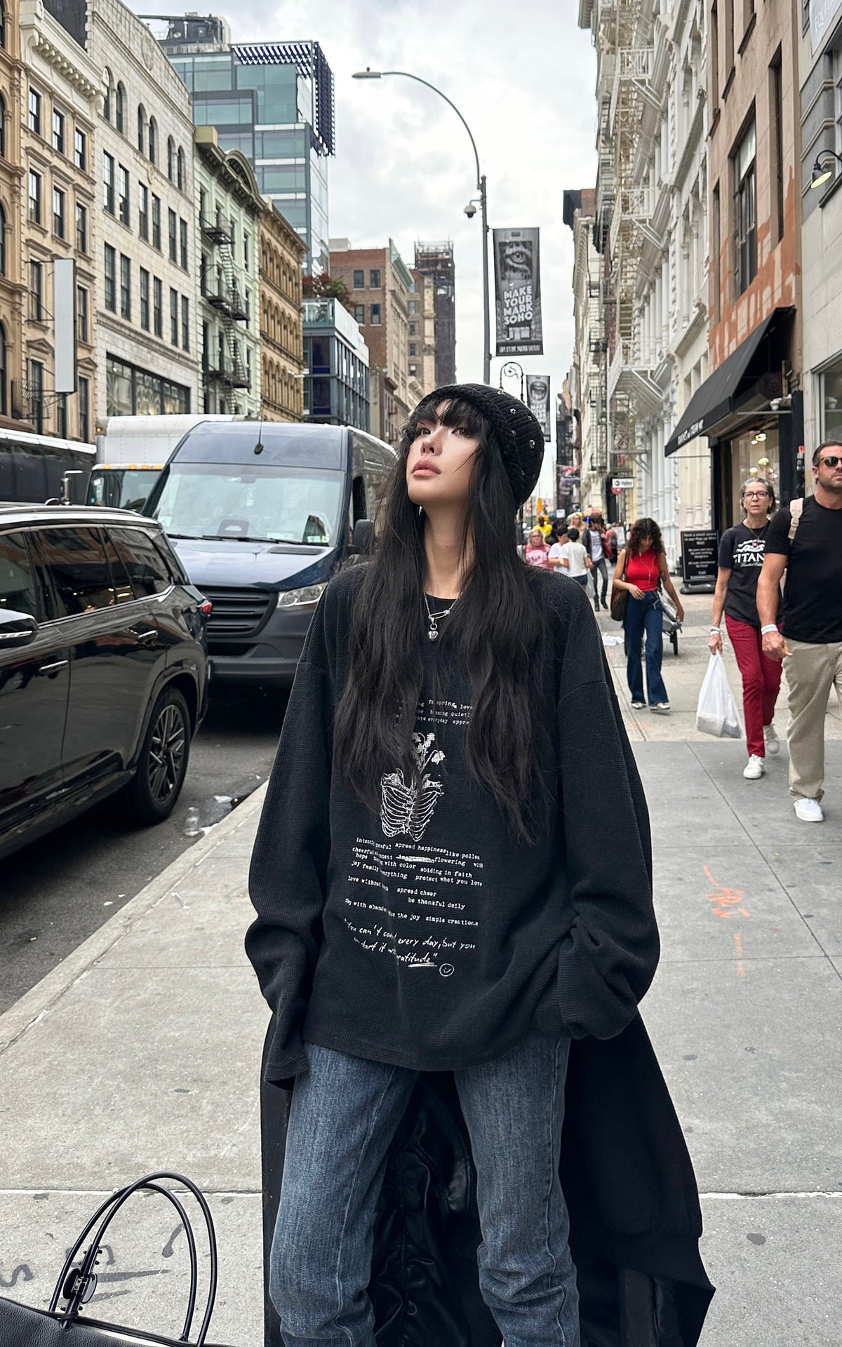 WARDEN EDGE Floral Ribcage Graphic Waffle Knit Long Sleeve Tee