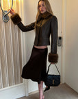 0122stepll Textured Satin A-Line Midi Skirt