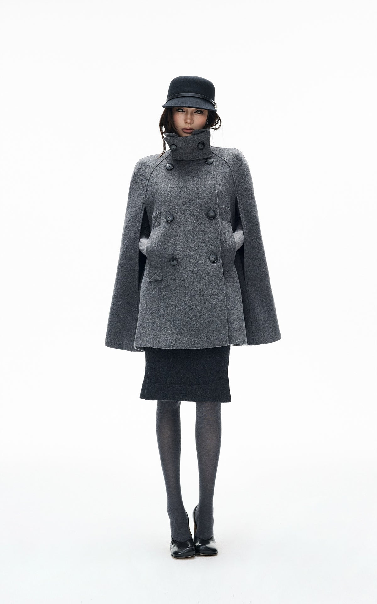 IAMXIAA Sculpted High-Neck Double-Breasted Cape Coat with Open Arm Slits