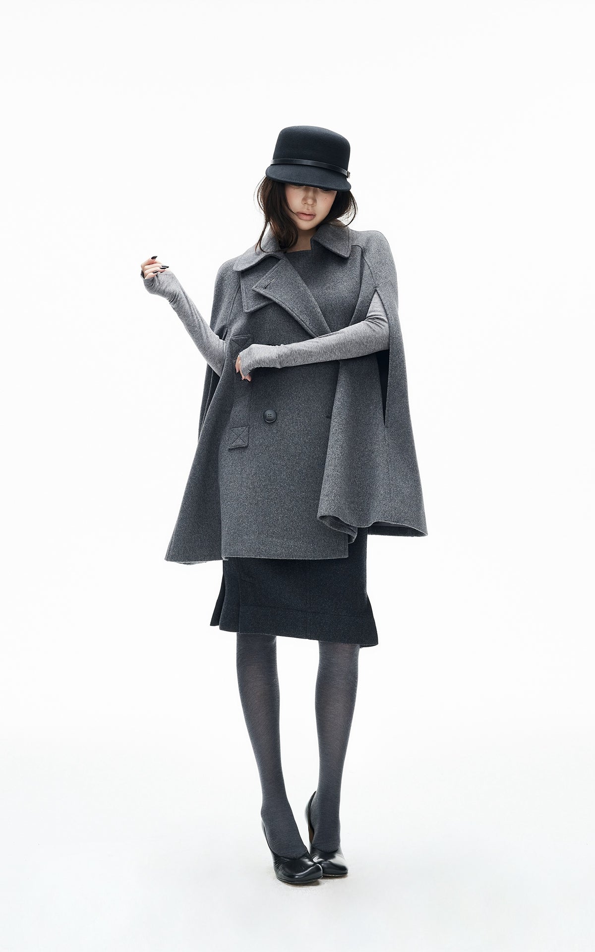 IAMXIAA Sculpted High-Neck Double-Breasted Cape Coat with Open Arm Slits