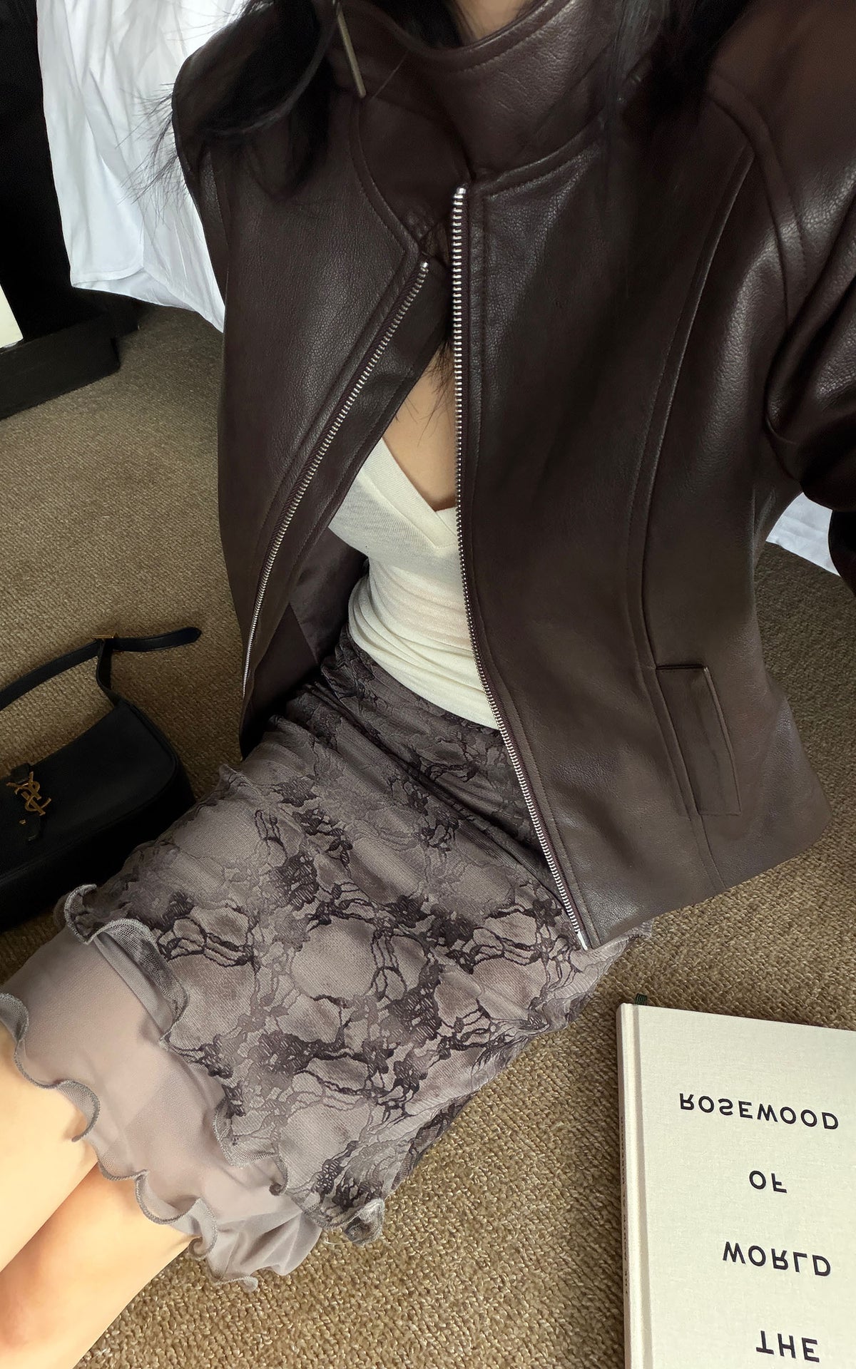 Hydrae Buckle Collar Moto Jacket &amp; Layered Lace Skirt Set