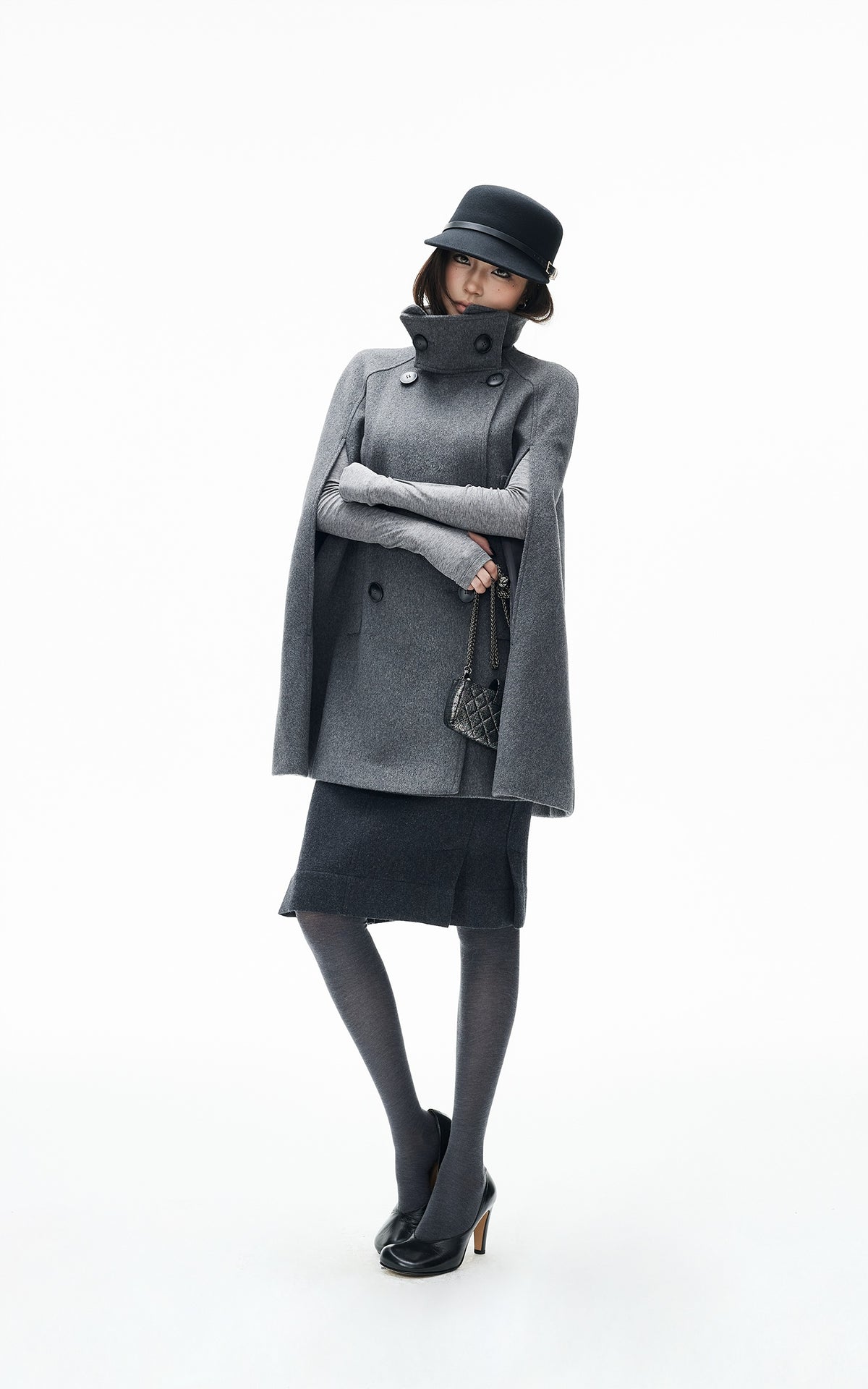 IAMXIAA Sculpted High-Neck Double-Breasted Cape Coat with Open Arm Slits
