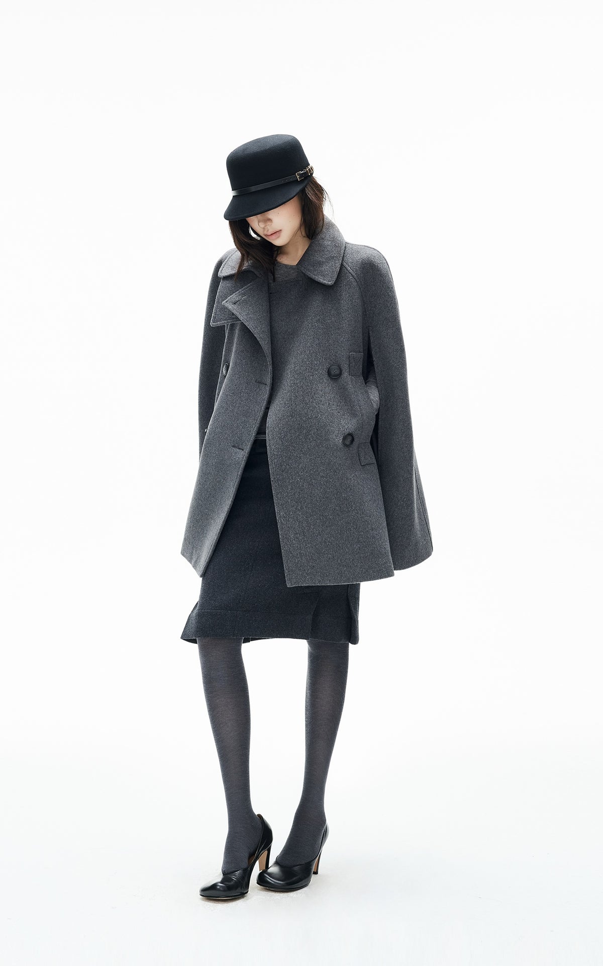 IAMXIAA Sculpted High-Neck Double-Breasted Cape Coat with Open Arm Slits