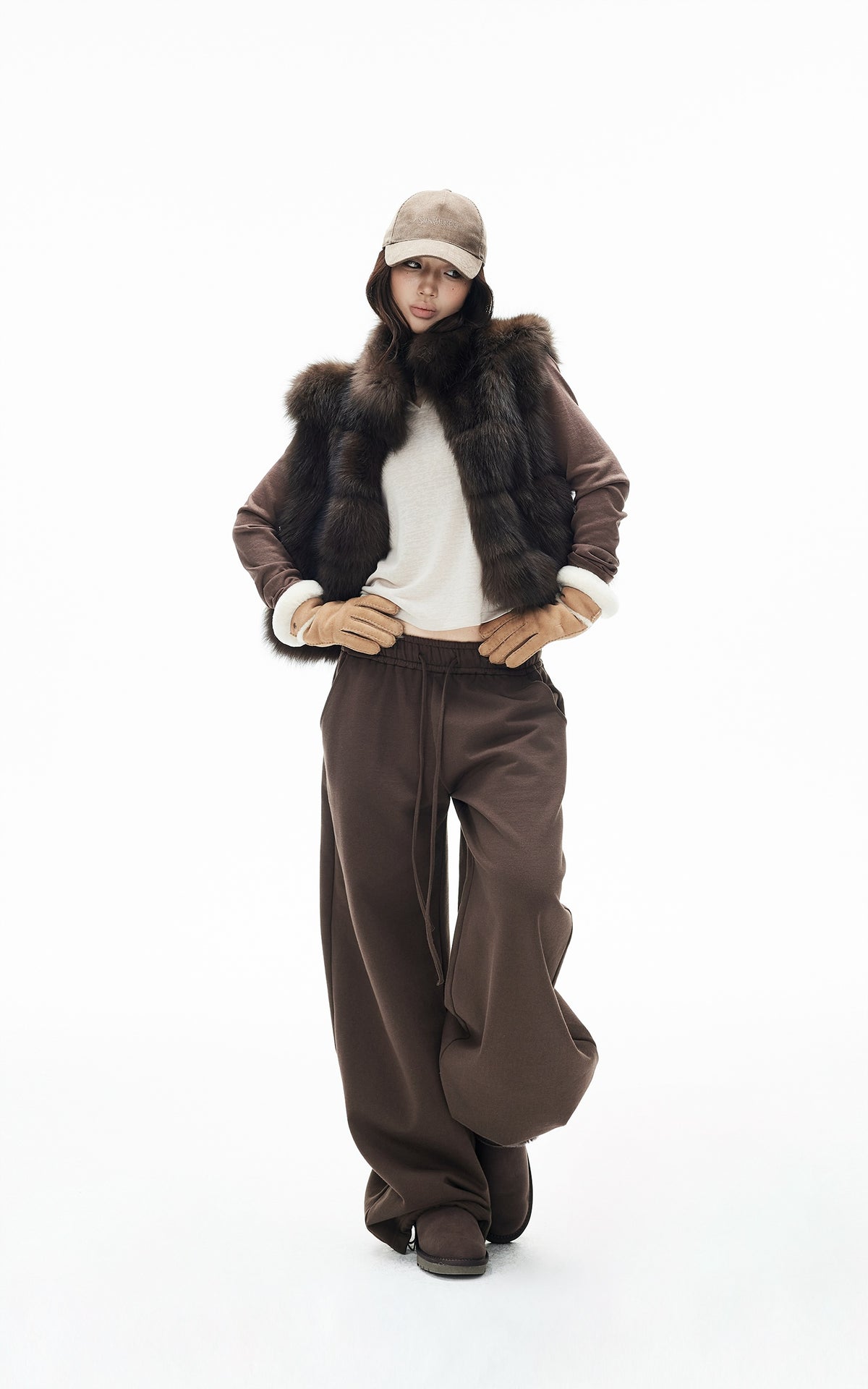 IAMXIAA Chocolate Brown Oversized Collar Fox Fur Sleeveless Vest