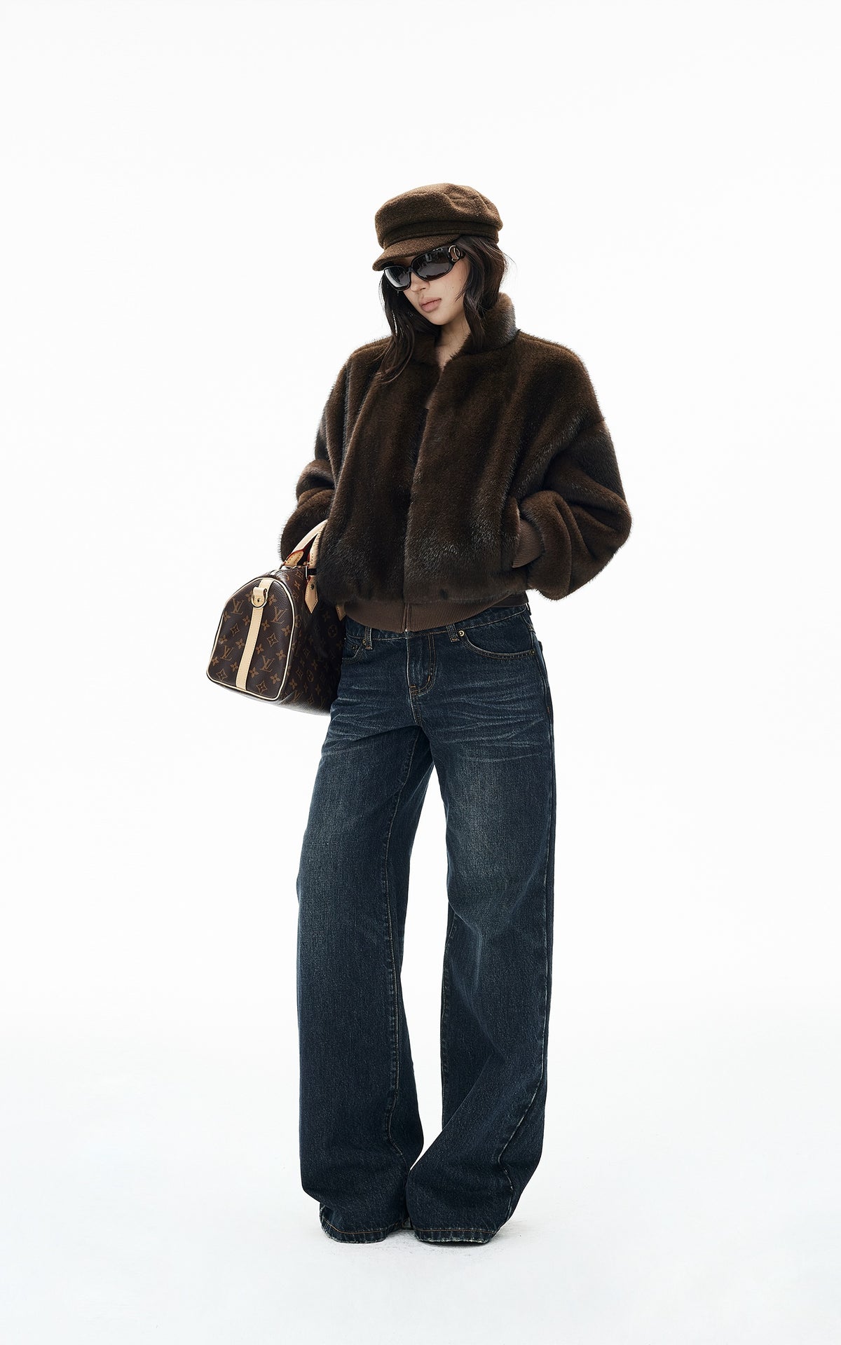 IAMXIAA Chocolate Brown Fur-Effect Cropped Bomber Jacket