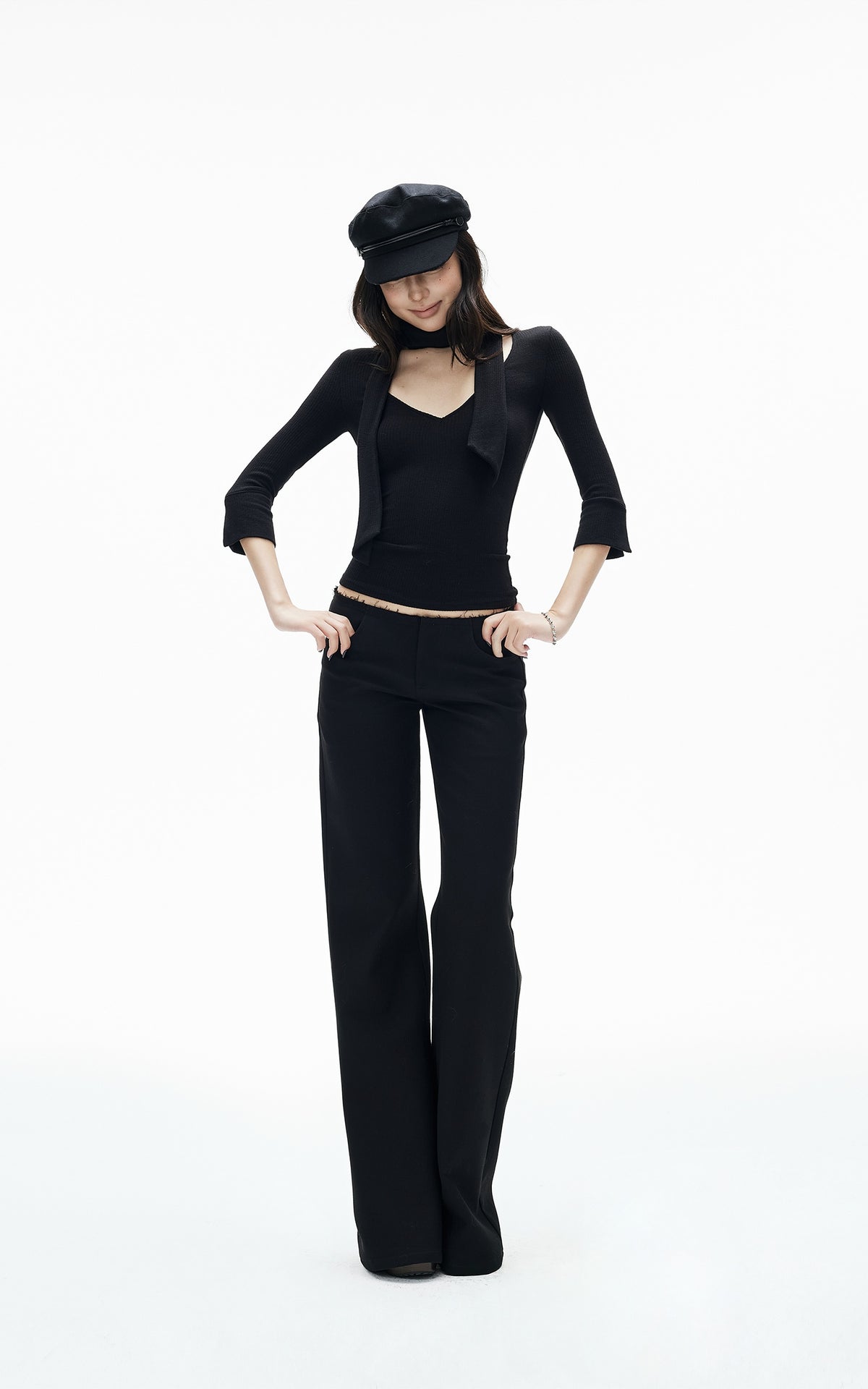 IAMXIAA Scarf-Neck Ribbed Slim-Fit Top with Three-Quarter Sleeves