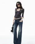 IAMXIAA Scarf-Neck Ribbed Slim-Fit Top with Three-Quarter Sleeves