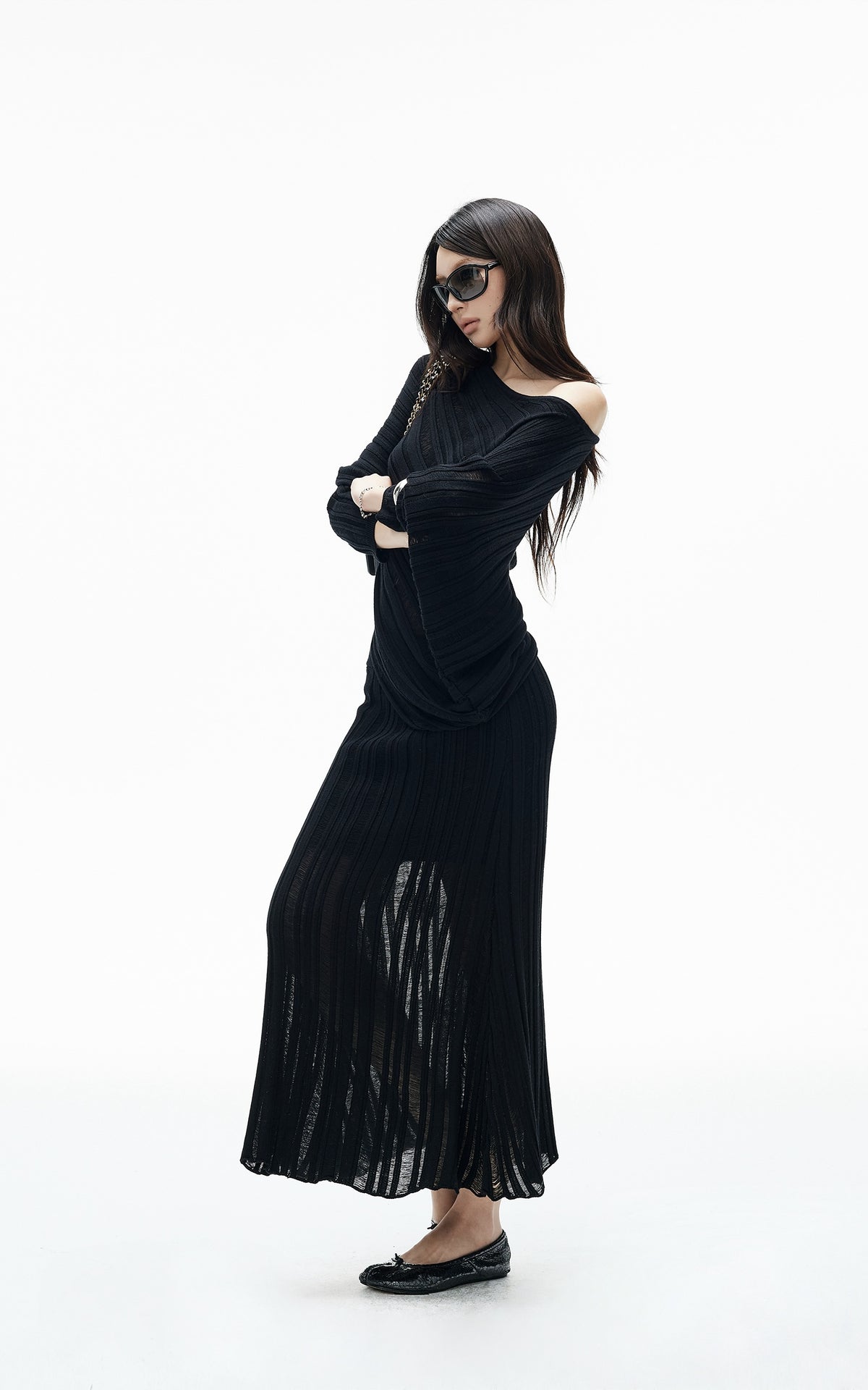 IAMXIAA Asymmetric Off-Shoulder Sheer Knit Top &amp; Maxi Skirt Set
